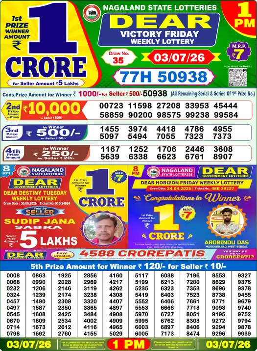 Nagaland State Lottery Result Today 1 PM - Lottery Sambad Result Today, Dear Lottery (03/07/2026)
