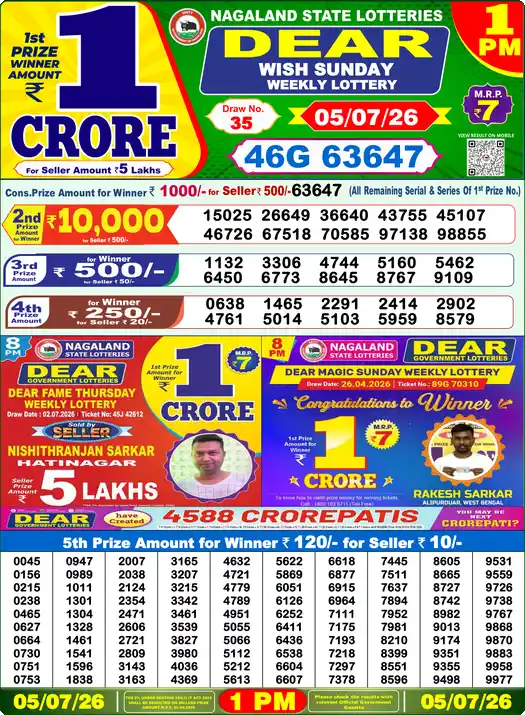 Nagaland State Lottery Result Today 1 PM - Lottery Sambad Result Today, Dear Lottery (05/07/2026)