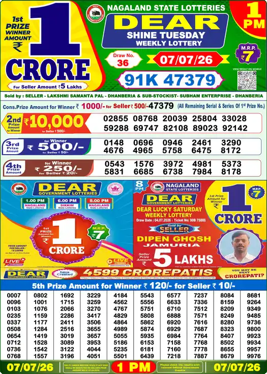 Nagaland State Lottery Result Today 1 PM - Lottery Sambad Result Today, Dear Lottery (07/07/2026)