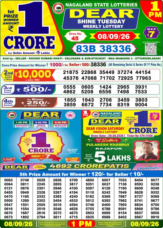Nagaland State Lottery Result Today 1 PM - Lottery Sambad Result Today, Dear Lottery (08/09/2026)