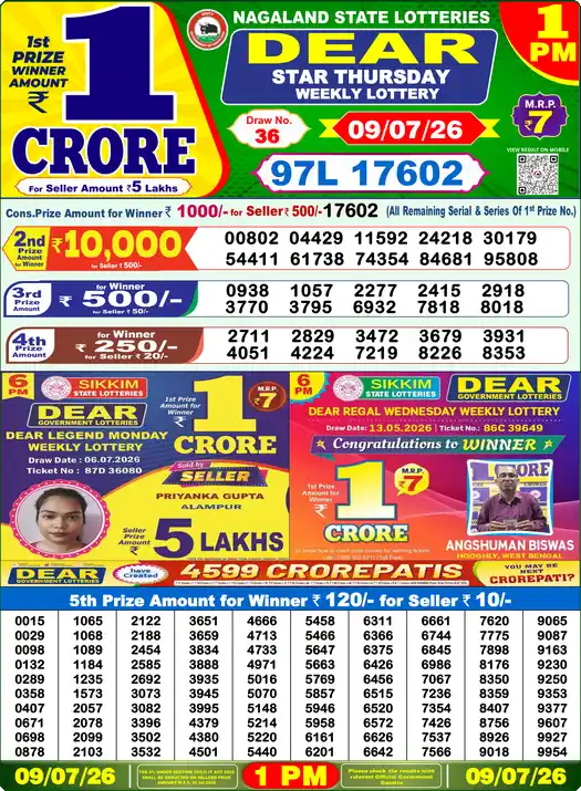 Nagaland State Lottery Result Today 1 PM - Lottery Sambad Result Today, Dear Lottery (09/07/2026)
