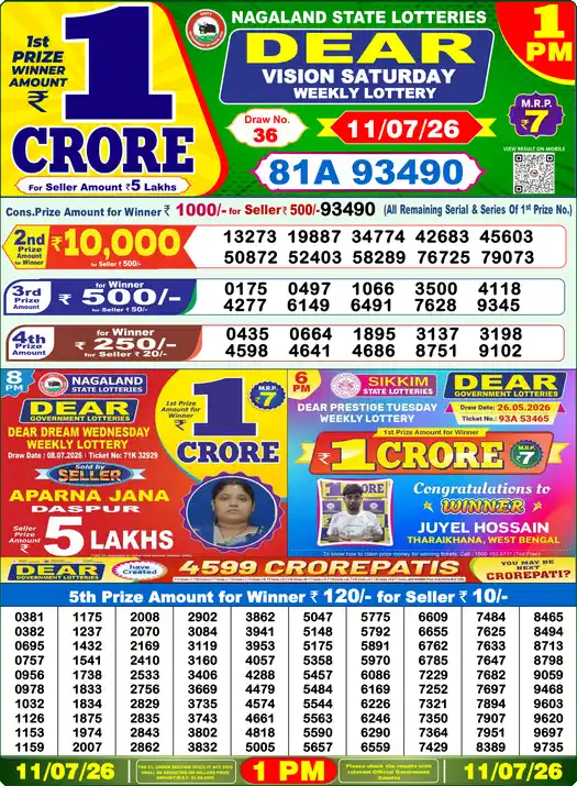 Nagaland State Lottery Result Today 1 PM - Lottery Sambad Result Today, Dear Lottery (11/07/2026)