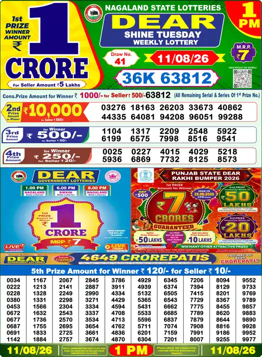 Nagaland State Lottery Result Today 1 PM - Lottery Sambad Result Today, Dear Lottery (11/08/2026)