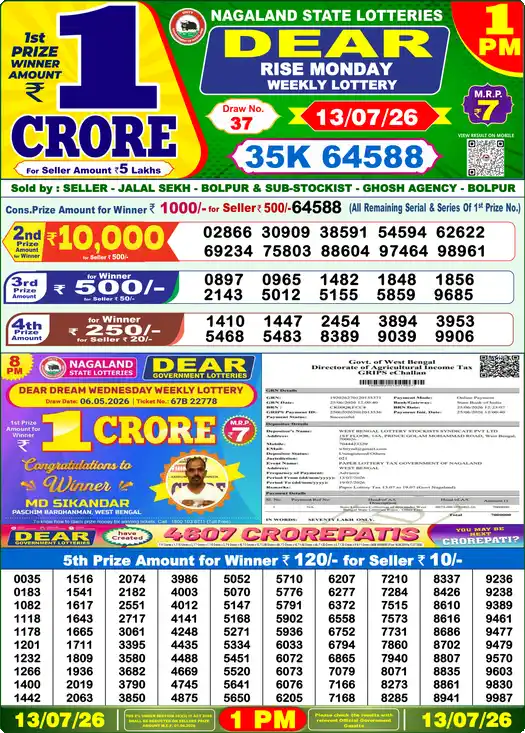 Nagaland State Lottery Result Today 1 PM - Lottery Sambad Result Today, Dear Lottery (13/07/2026)