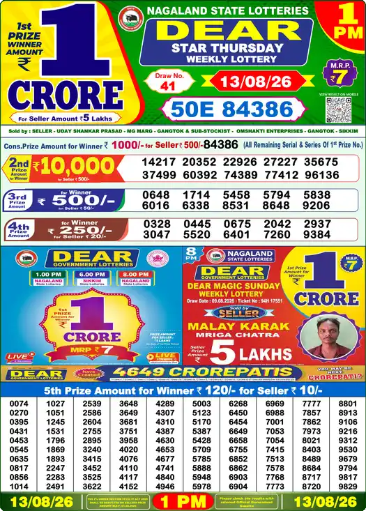 Nagaland State Lottery Result Today 1 PM - Lottery Sambad Result Today, Dear Lottery (13/08/2026)
