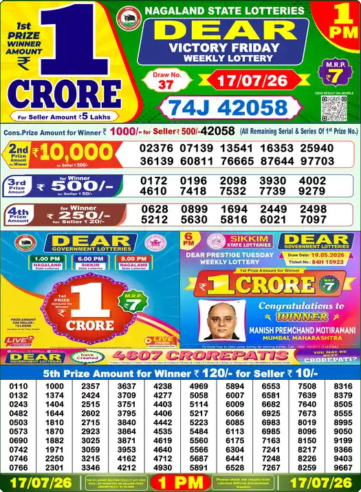 Nagaland State Lottery Result Today 1 PM - Lottery Sambad Result Today, Dear Lottery (17/07/2026)
