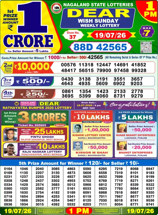 Nagaland State Lottery Result Today 1 PM - Lottery Sambad Result Today, Dear Lottery (19/07/2026)