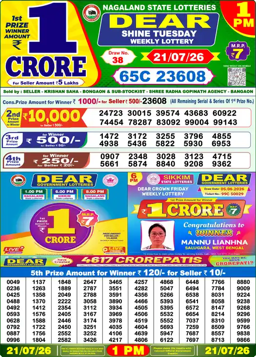 Nagaland State Lottery Result Today 1 PM - Lottery Sambad Result Today, Dear Lottery (21/07/2026)