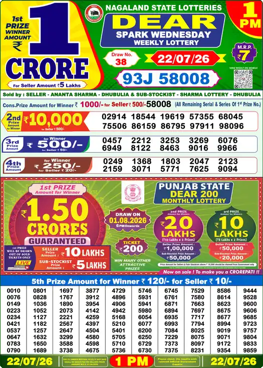 Nagaland State Lottery Result Today 1 PM - Lottery Sambad Result Today, Dear Lottery (22/07/2026)