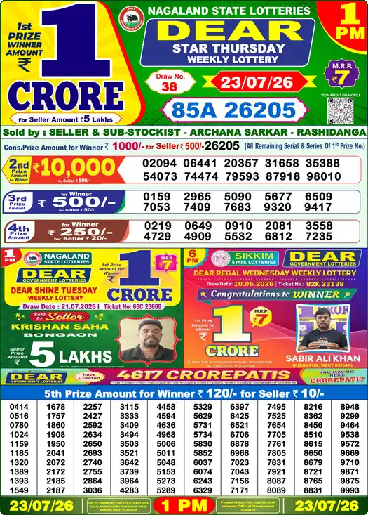 Nagaland State Lottery Result Today 1 PM - Lottery Sambad Result Today, Dear Lottery (23/07/2026)