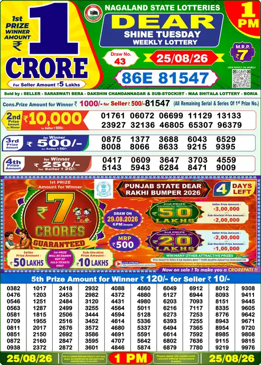 Nagaland State Lottery Result Today 1 PM - Lottery Sambad Result Today, Dear Lottery (25/08/2026)
