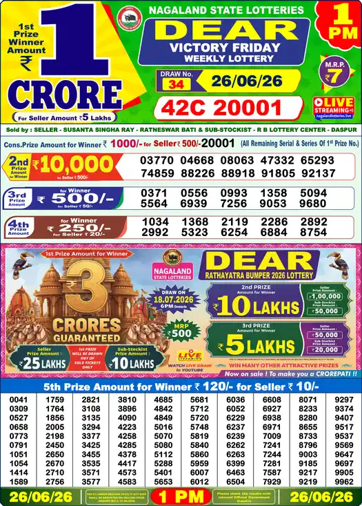 Nagaland State Lottery Result Today 1 PM - Lottery Sambad Result Today, Dear Lottery (26/06/2026)