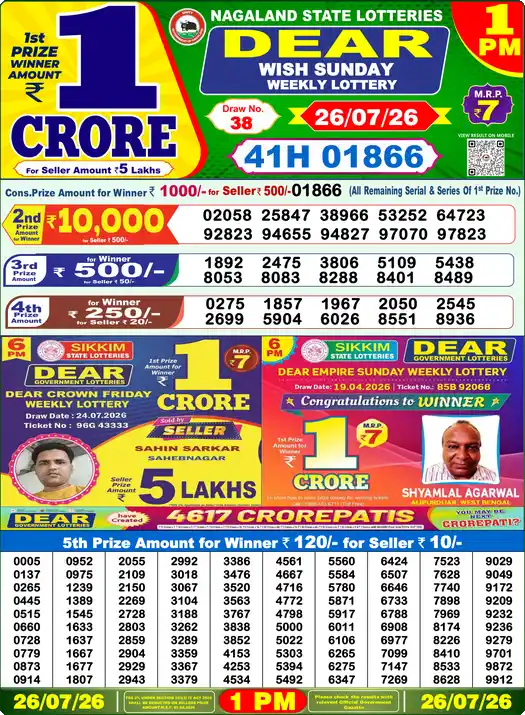 Nagaland State Lottery Result Today 1 PM - Lottery Sambad Result Today, Dear Lottery (26/07/2026)
