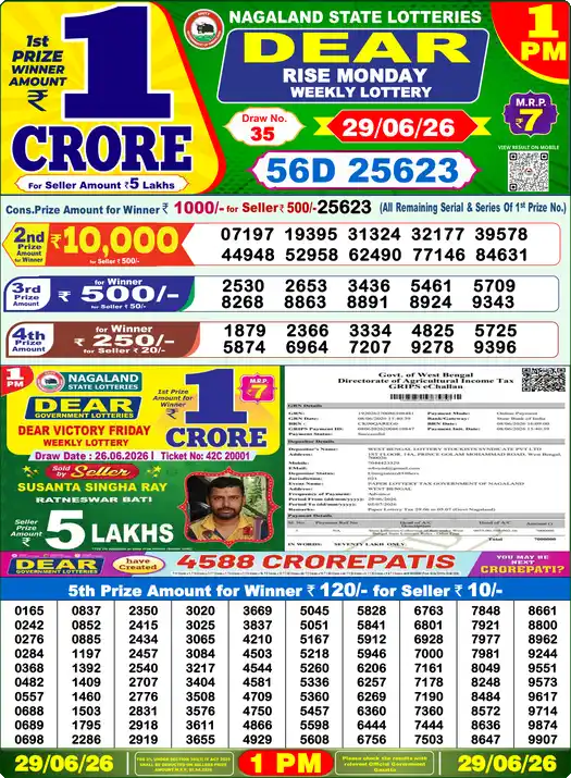 Nagaland State Lottery Result Today 1 PM - Lottery Sambad Result Today, Dear Lottery (29/06/2026)