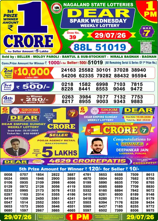 Nagaland State Lottery Result Today 1 PM - Lottery Sambad Result Today, Dear Lottery (29/07/2026)