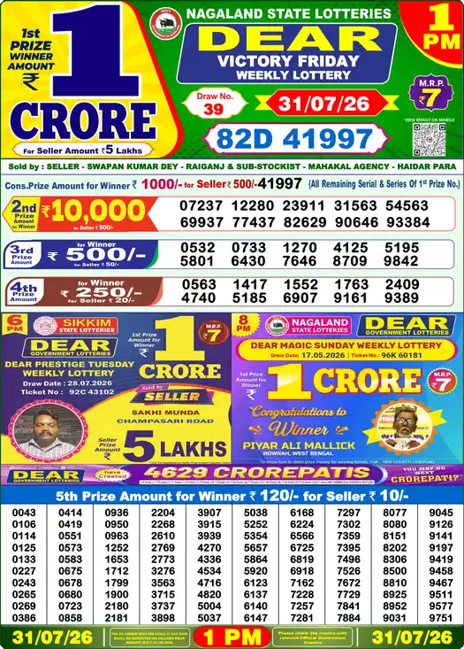 Nagaland State Lottery Result Today 1 PM - Lottery Sambad Result Today, Dear Lottery (31/07/2026)