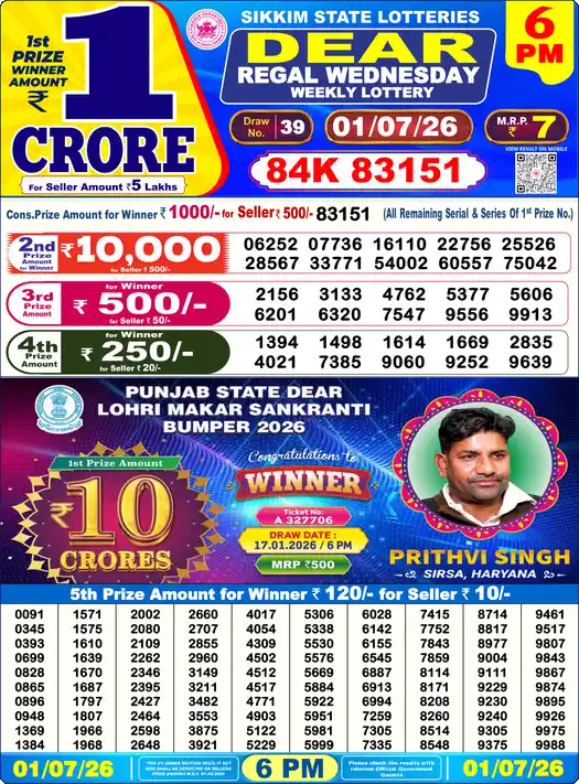 Nagaland State Lottery Result Today 6 PM - Lottery Sambad Result Today, Dear Lottery (01/07/2026)