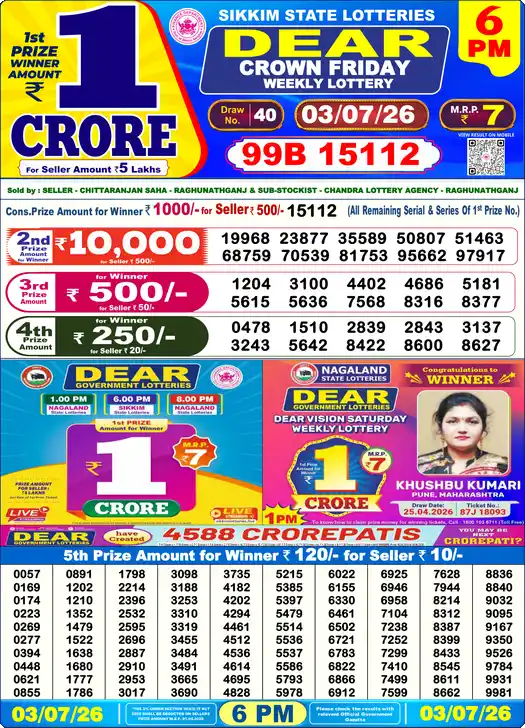 Nagaland State Lottery Result Today 6 PM - Lottery Sambad Result Today, Dear Lottery (03/07/2026)