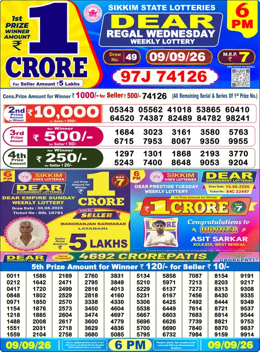 Nagaland State Lottery Result Today 6 PM - Lottery Sambad Result Today, Dear Lottery (09/09/2026)