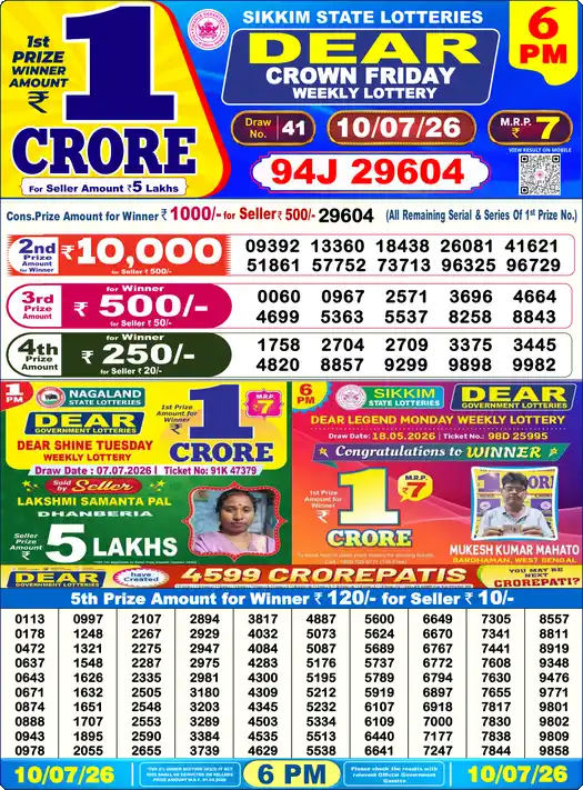 Nagaland State Lottery Result Today 6 PM - Lottery Sambad Result Today, Dear Lottery (10/07/2026)