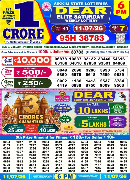 Nagaland State Lottery Result Today 6 PM - Lottery Sambad Result Today, Dear Lottery (11/07/2026)