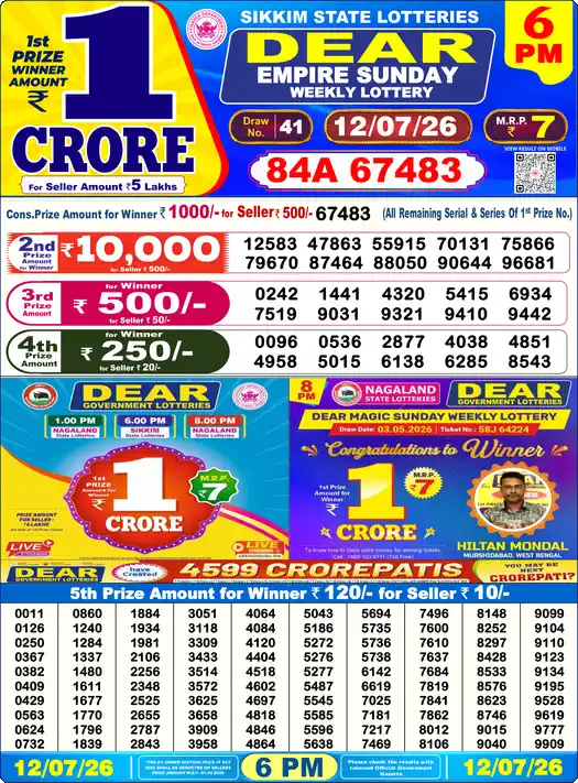 Nagaland State Lottery Result Today 6 PM - Lottery Sambad Result Today, Dear Lottery (12/07/2026)