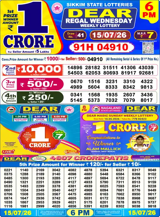 Nagaland State Lottery Result Today 6 PM - Lottery Sambad Result Today, Dear Lottery (15/07/2026)
