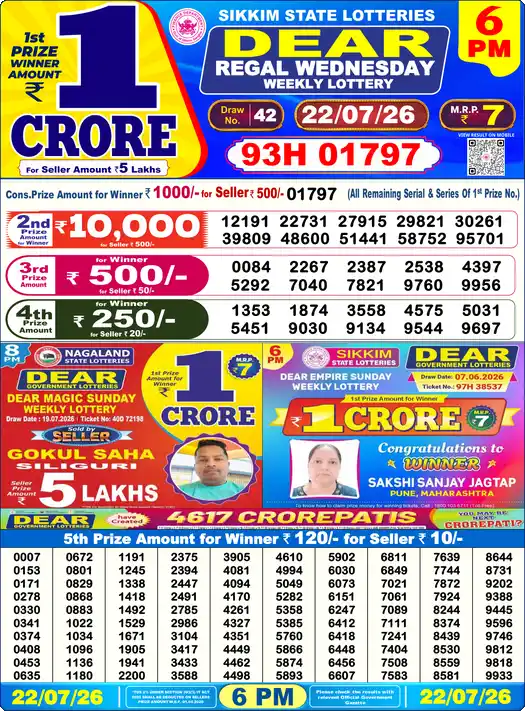 Nagaland State Lottery Result Today 6 PM - Lottery Sambad Result Today, Dear Lottery (22/07/2026)