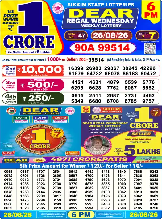Nagaland State Lottery Result Today 6 PM - Lottery Sambad Result Today, Dear Lottery (26/08/2026)