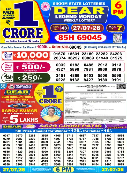 Nagaland State Lottery Result Today 6 PM - Lottery Sambad Result Today, Dear Lottery (27/07/2026)