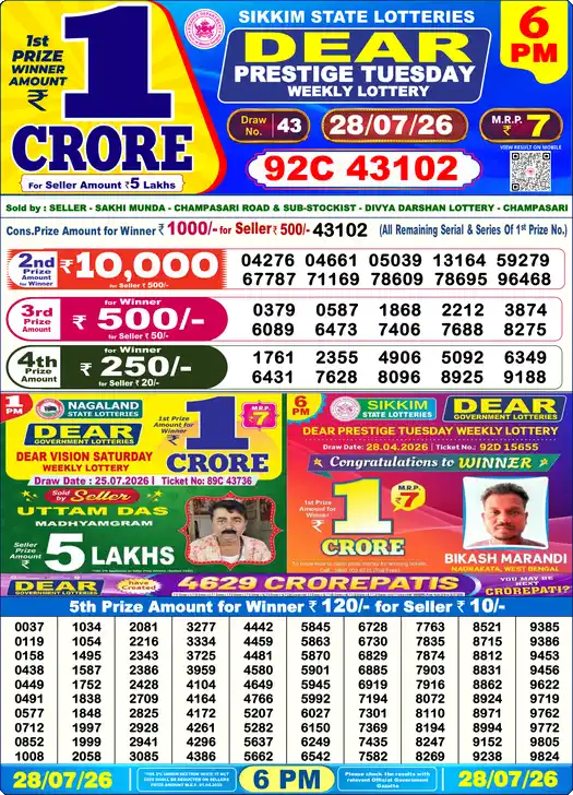 Nagaland State Lottery Result Today 6 PM - Lottery Sambad Result Today, Dear Lottery (28/07/2026)