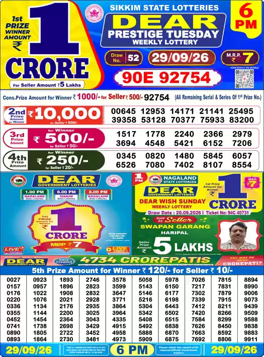Nagaland State Lottery Sambad Result Today 6PM - Dear Lottery (29/09/2026)
