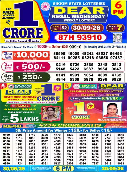 Nagaland State Lottery Sambad Result Today 6PM - Dear Lottery (30/09/2026)