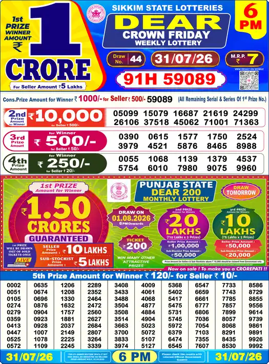 Nagaland State Lottery Result Today 6 PM - Lottery Sambad Result Today, Dear Lottery (31/07/2026)