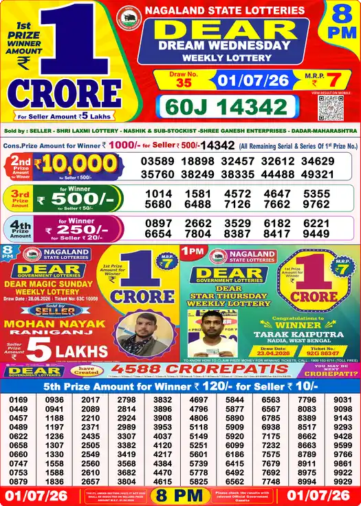 Nagaland State Lottery Result Today 8 PM - Lottery Sambad Result Today, Dear Lottery (01/07/2026)