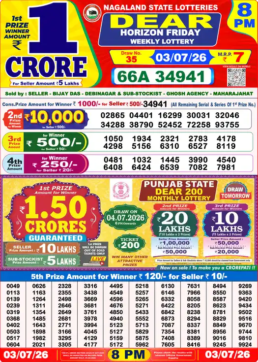 Nagaland State Lottery Result Today 8 PM - Lottery Sambad Result Today, Dear Lottery (03/07/2026)