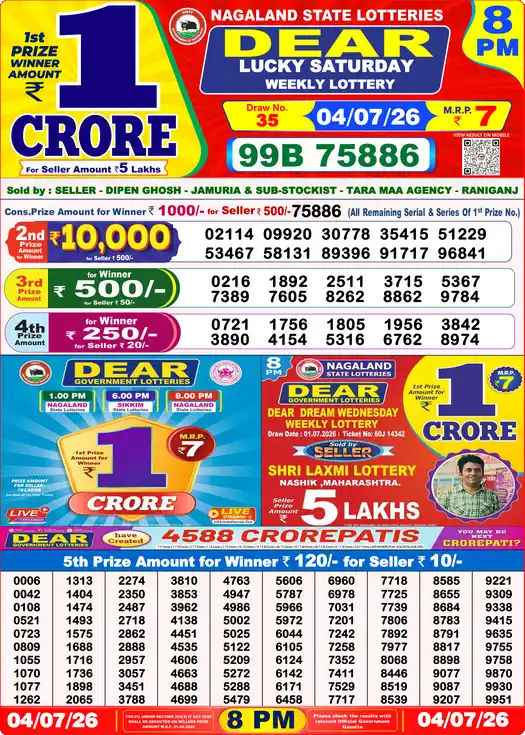 Nagaland State Lottery Result Today 8 PM - Lottery Sambad Result Today, Dear Lottery (04/07/2026)