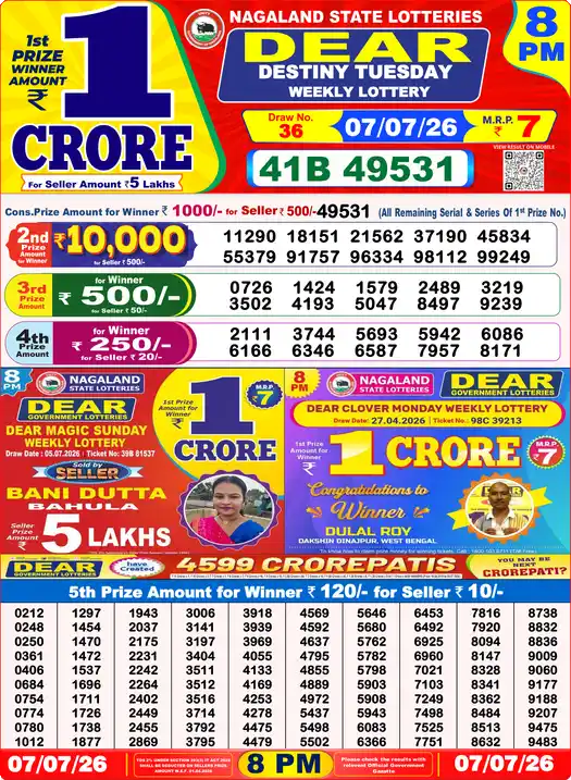 Nagaland State Lottery Result Today 8 PM - Lottery Sambad Result Today, Dear Lottery (07/07/2026)