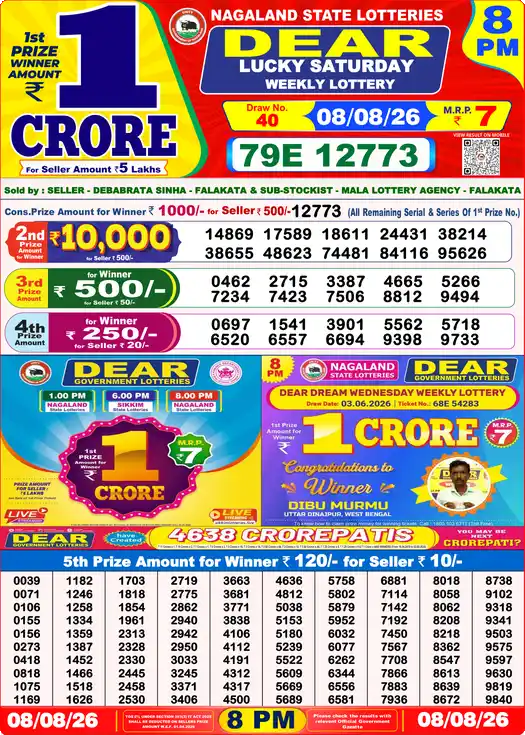 Nagaland State Lottery Result Today 8 PM - Lottery Sambad Result Today, Dear Lottery (08/08/2026)