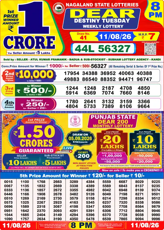 Nagaland State Lottery Result Today 8 PM - Lottery Sambad Result Today, Dear Lottery (11/08/2026)
