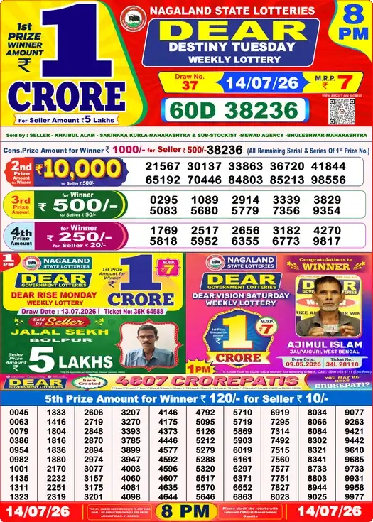Nagaland State Lottery Result Today 8 PM - Lottery Sambad Result Today, Dear Lottery (14/07/2026)