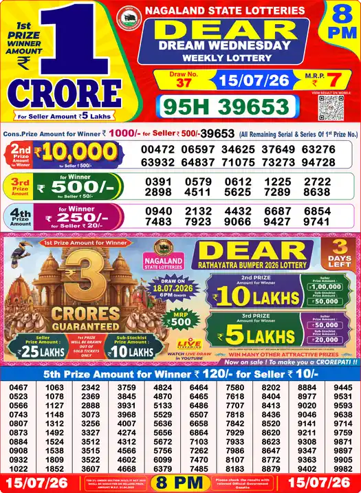 Nagaland State Lottery Result Today 8 PM - Lottery Sambad Result Today, Dear Lottery (15/07/2026)