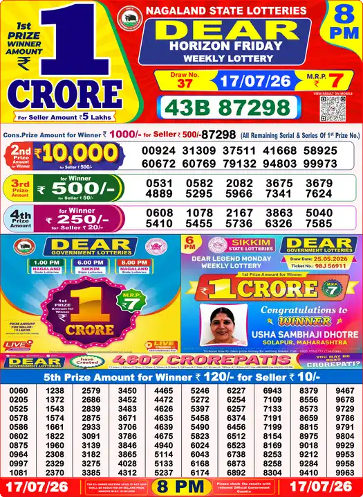 Nagaland State Lottery Result Today 8 PM - Lottery Sambad Result Today, Dear Lottery (17/07/2026)