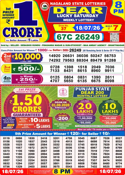 Nagaland State Lottery Result Today 8 PM - Lottery Sambad Result Today, Dear Lottery (18/07/2026)
