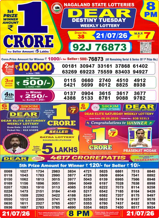 Nagaland State Lottery Result Today 8 PM - Lottery Sambad Result Today, Dear Lottery (21/07/2026)