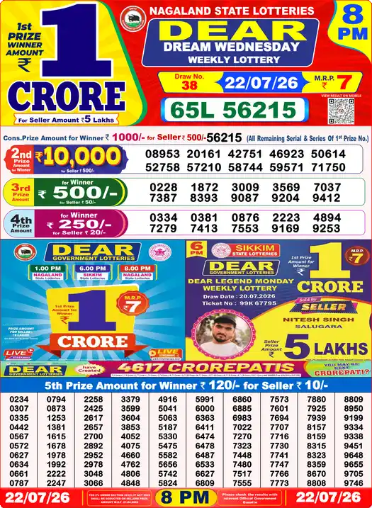 Nagaland State Lottery Result Today 8 PM - Lottery Sambad Result Today, Dear Lottery (22/07/2026)