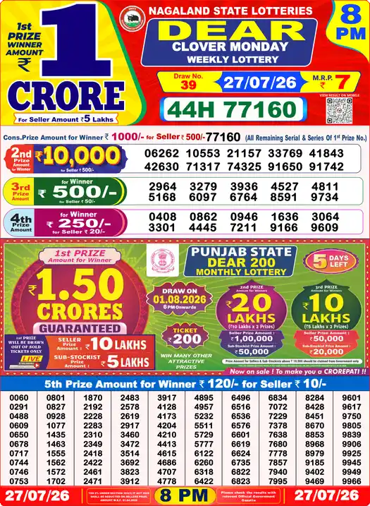 Nagaland State Lottery Result Today 8 PM - Lottery Sambad Result Today, Dear Lottery (27/07/2026)