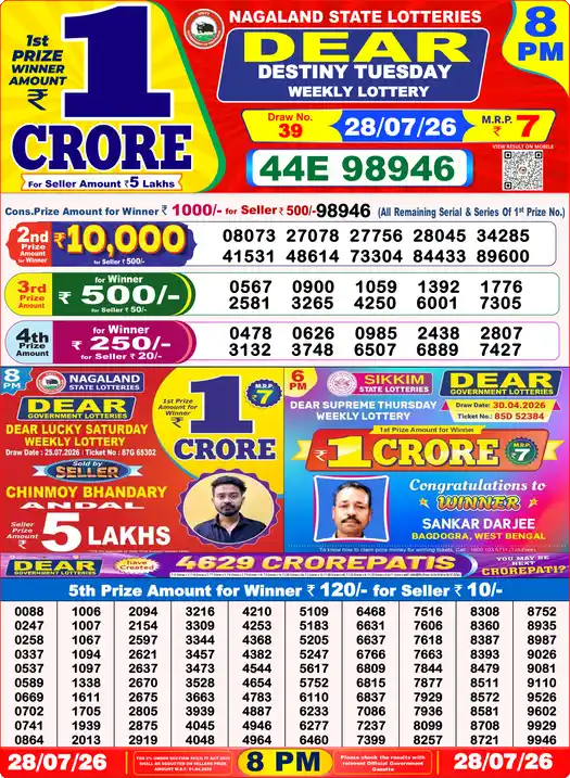 Nagaland State Lottery Result Today 8 PM - Lottery Sambad Result Today, Dear Lottery (28/07/2026)